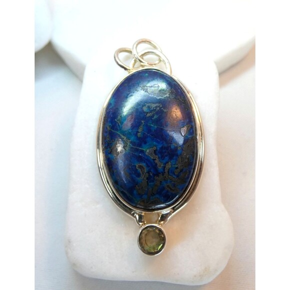 Natural Deep Blue Azurite & Blue Topaz  925 Sterling Silver Pendant - Picture 5 of 8